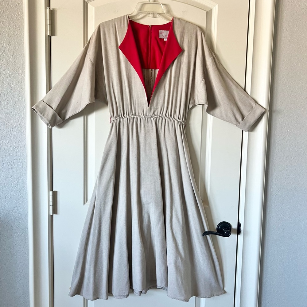 Vintage Petite Focus Colorblock V-Neck Midi Dress Oatmeal Red Pockets Sz 6P
